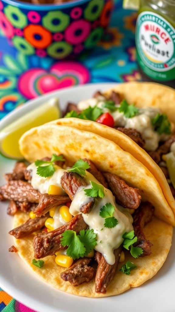 Corn Elote Steak Tacos Recipe Corn elote steak tacos with grilled steak, creamy corn topping, garnished with cilantro and lime wedges.